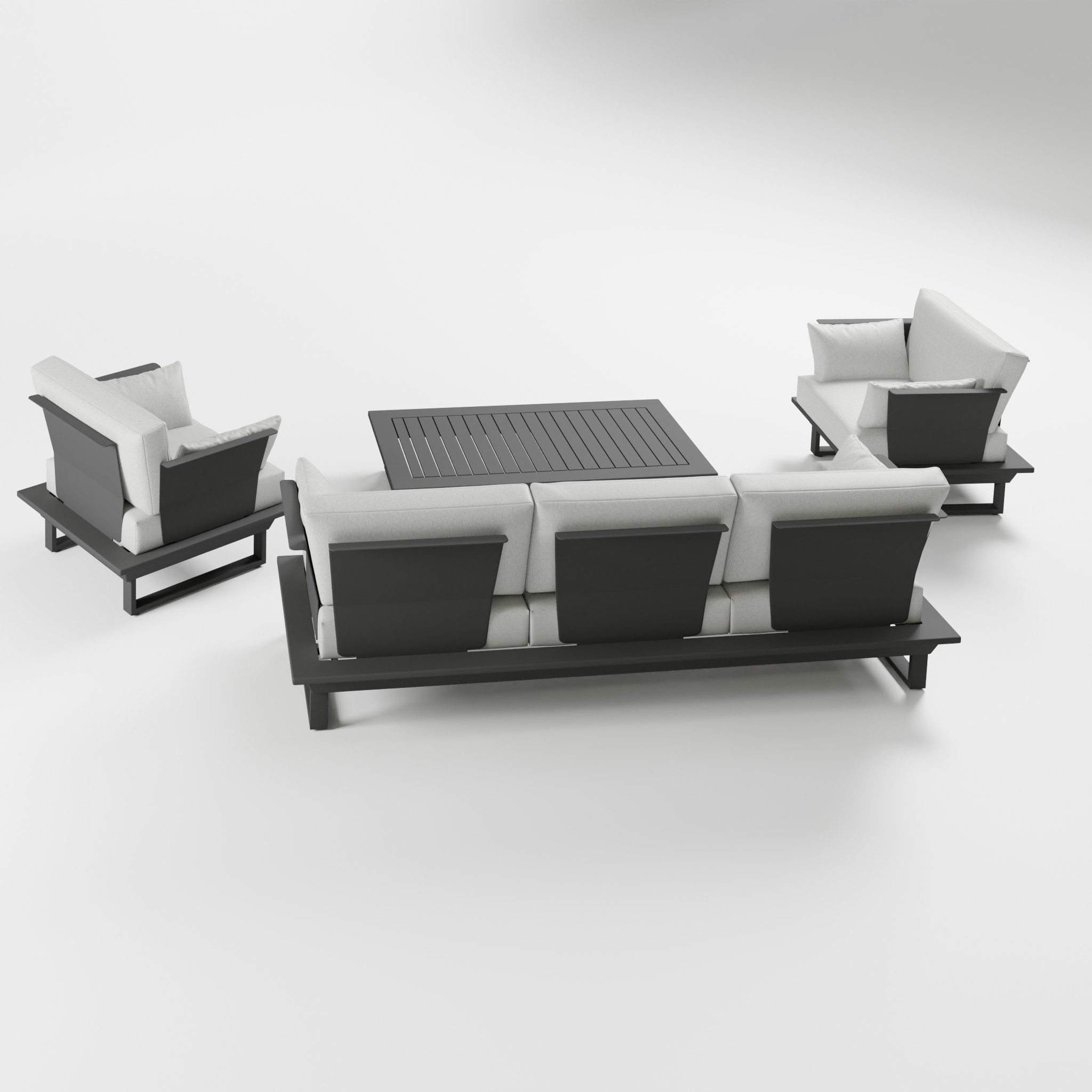 ICM-Gartenlounge-Monaco-Rueckansicht: Aluminium-Rahmen-Anthrazit mit wasserabweisenden-Outdoor-Bezügen und offener-Rueckseite