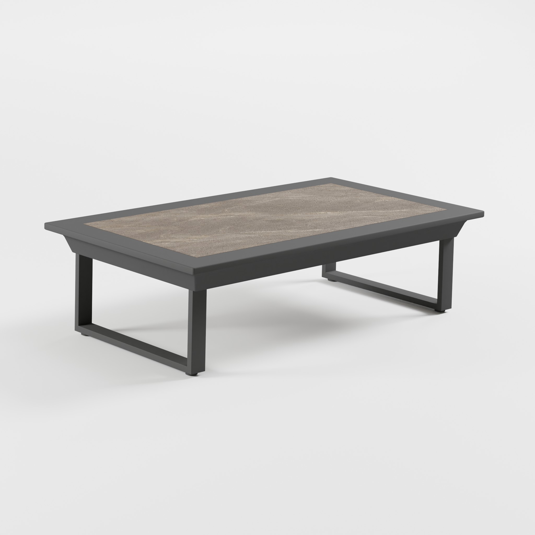 Anthrazitfarbener ICM Outdoor‑Loungetisch 142×82 cm mit Keramikoberfläche und Cube‑Füßen in 39 cm Höhe