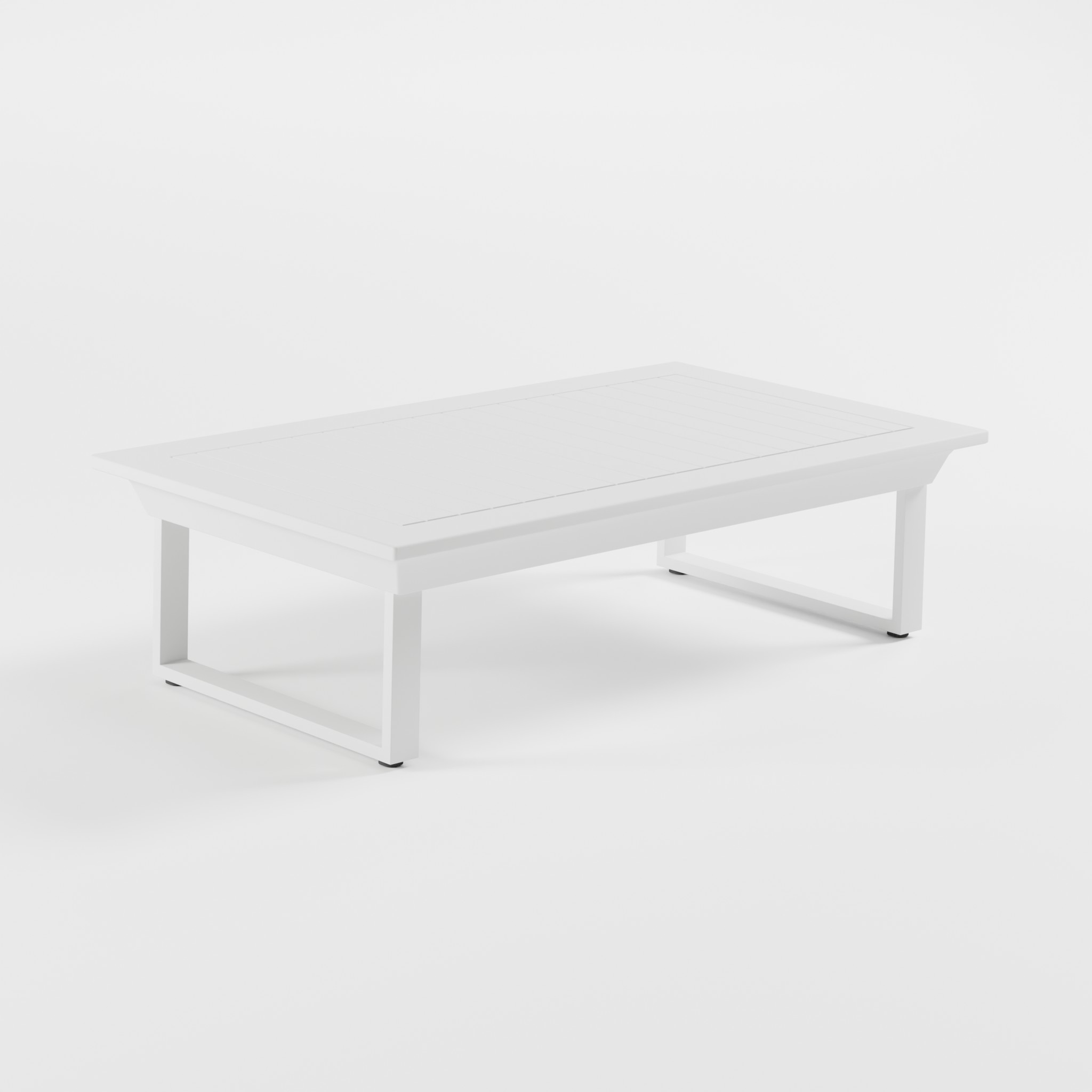 Weißer ICM Outdoor‑Tisch 142×82 cm aus Aluminium mit Cube‑Füßen in 39 cm Höhe – ideal für Garten, Terrasse oder Dachterrasse