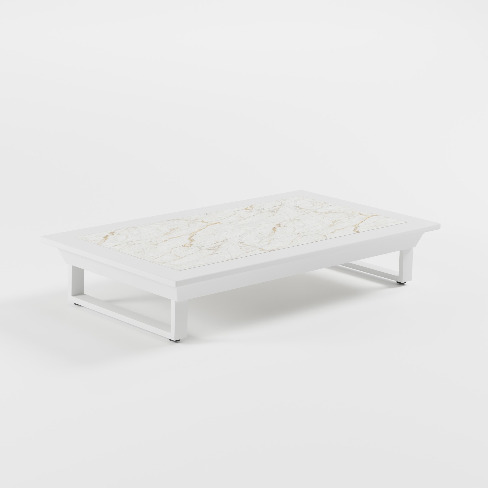 Weißer Outdoor‑Tisch 142×82 cm mit Keramikplatte und Cube‑Füßen in 26 cm Höhe – ideal für Terrasse, Garten oder moderne Lounge‑Bereiche