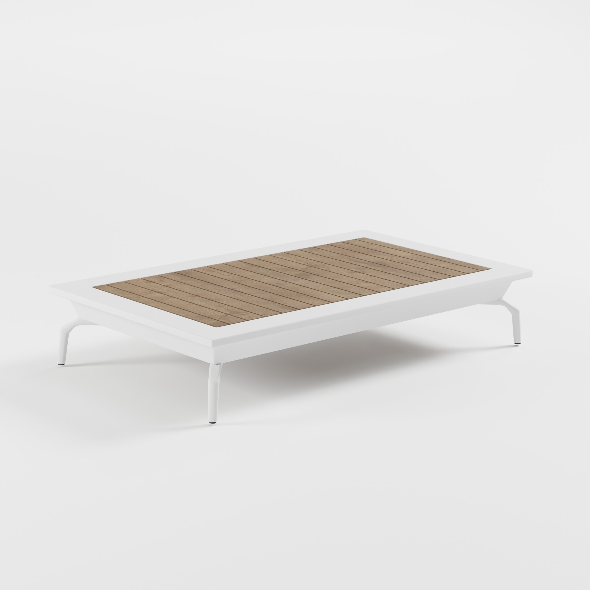 Weißer Outdoor‑Tisch 142×82 cm mit Teakholz‑Tischplatte und Delta‑Füßen in 26 cm Höhe – ideal für Terrasse, Garten oder entspannte Lounge‑Bereiche