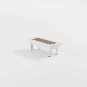 Weißer ICM Beistelltisch 82 × 41 cm mit Teakplatte und Cube‑Füßen, Höhe 26 cm – ideal für Garten, Terrasse, Balkon und modulare Lounge‑Erweiterungen