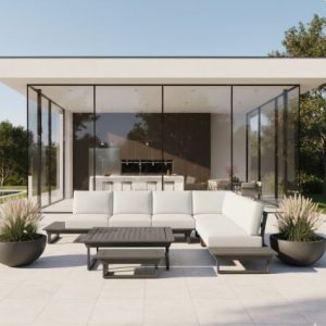 Luxus Gartenlounge Premium in Anthrazit auf moderner Terrasse vor Villa mit Glasfront und Pool