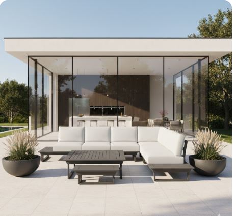 icm-gartenlounge-grenoble-aluminium-anthrazit-outdoor-lounge Luxus Gartenlounge Premium in Anthrazit auf moderner Terrasse vor Villa mit Glasfront und Pool