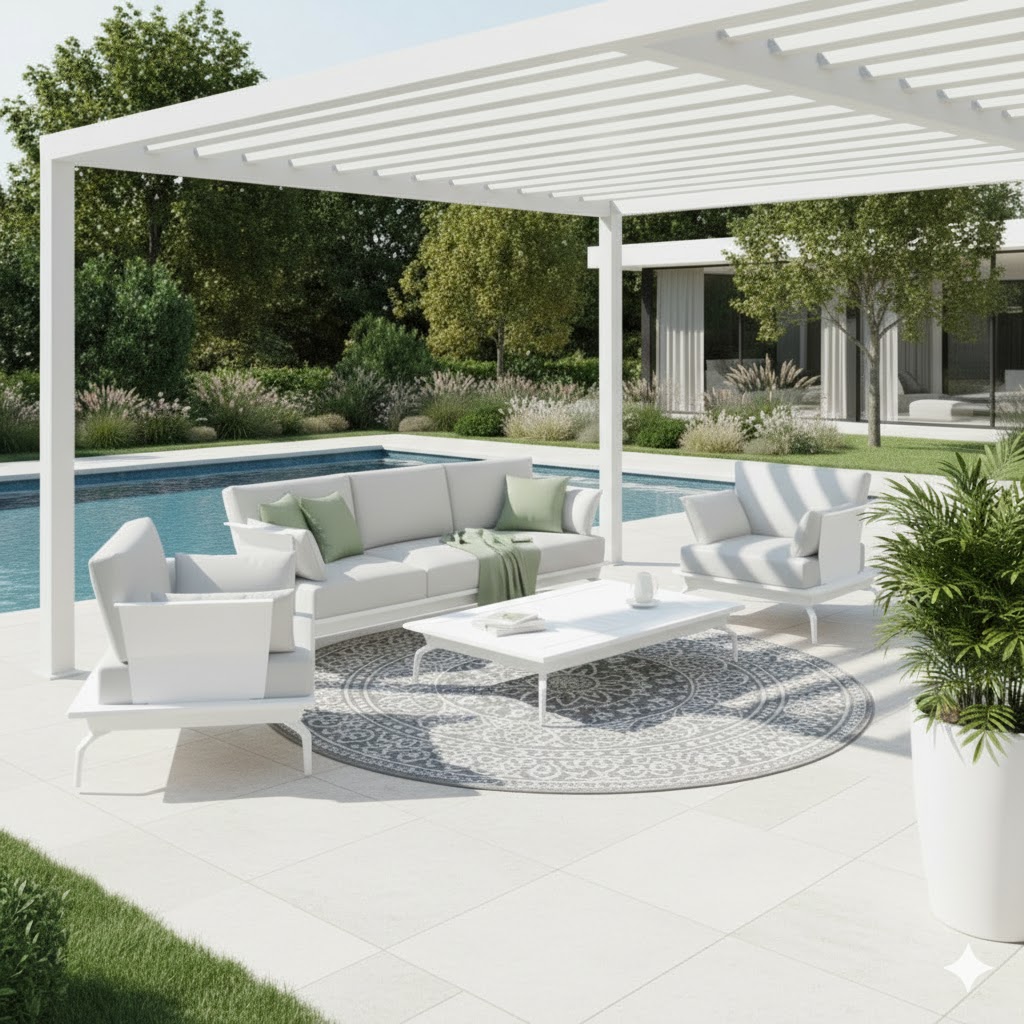 Weißes ICM Monaco Gartenlounge Set aus Aluminium, 3-Sitzer freischwebend, Sessel & Tisch auf Terrasse am Pool.