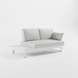 Weißes Outdoor‑Lounge‑Sofa aus Aluminium mit Edelstahl‑Rückenlehne, seitlicher Armlehne und Cube‑Füßen, ideal für Terrasse und Garten, ICM.