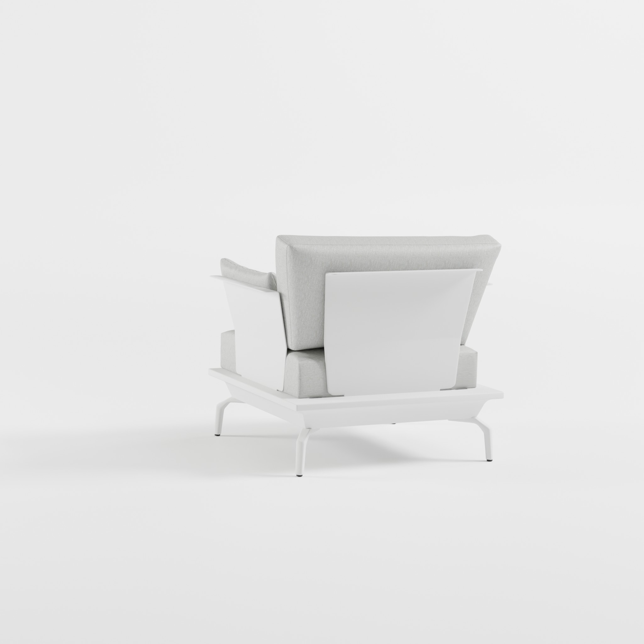 Rückansicht eines weißen Outdoor‑Loungesessels aus Aluminium mit Edelstahl‑Rückenlehne, zwei Armlehnen und Delta‑Füßen für exklusive Garten‑ und Terrassenbereiche, ICM.