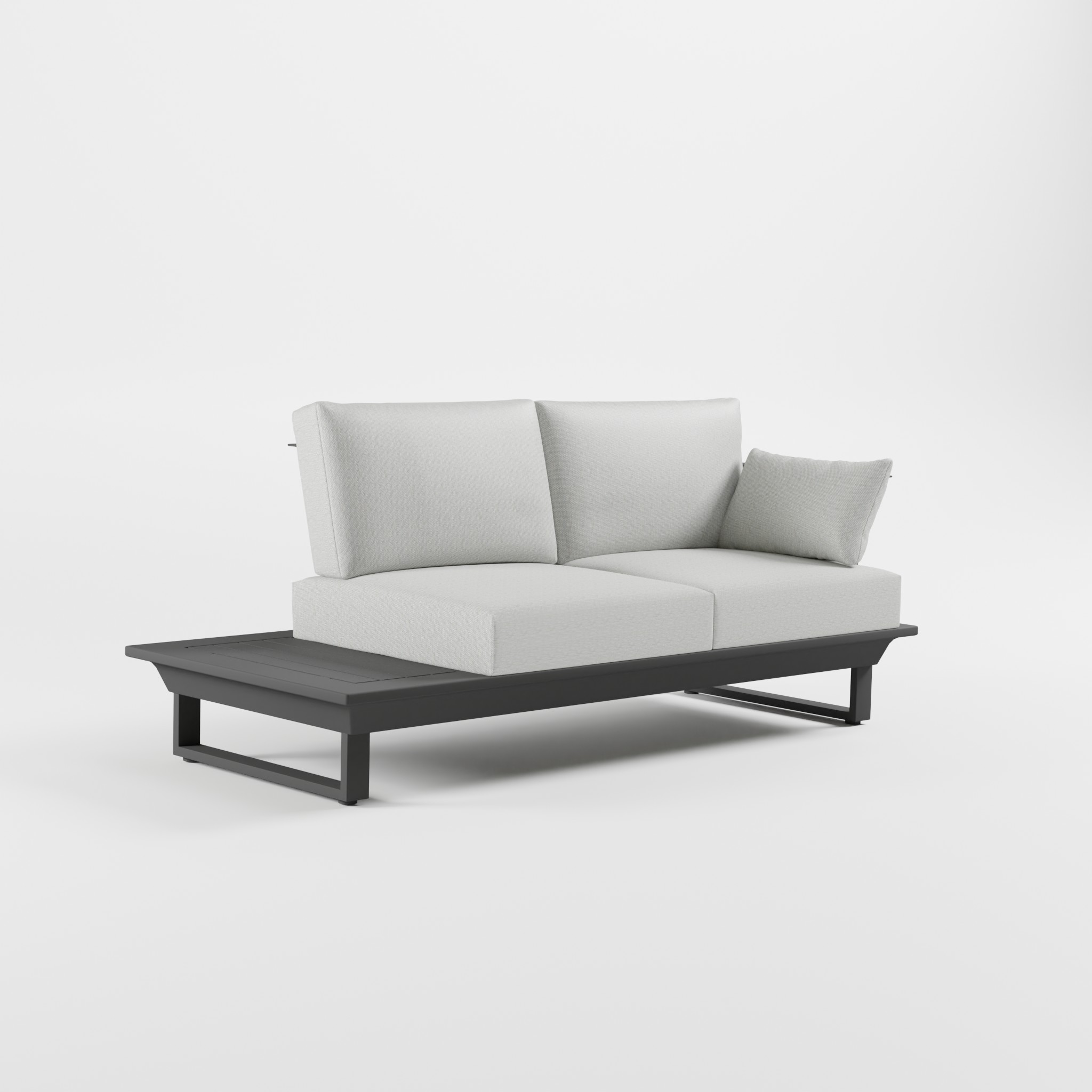 Anthrazitfarbenes Outdoor‑Gartensofa aus Aluminium mit Edelstahl‑Rückenlehne, zwei Sitzkissen, seitlicher Armlehne und Cube‑Füßen für moderne Terrassen‑ und Gartenbereiche, ICM.