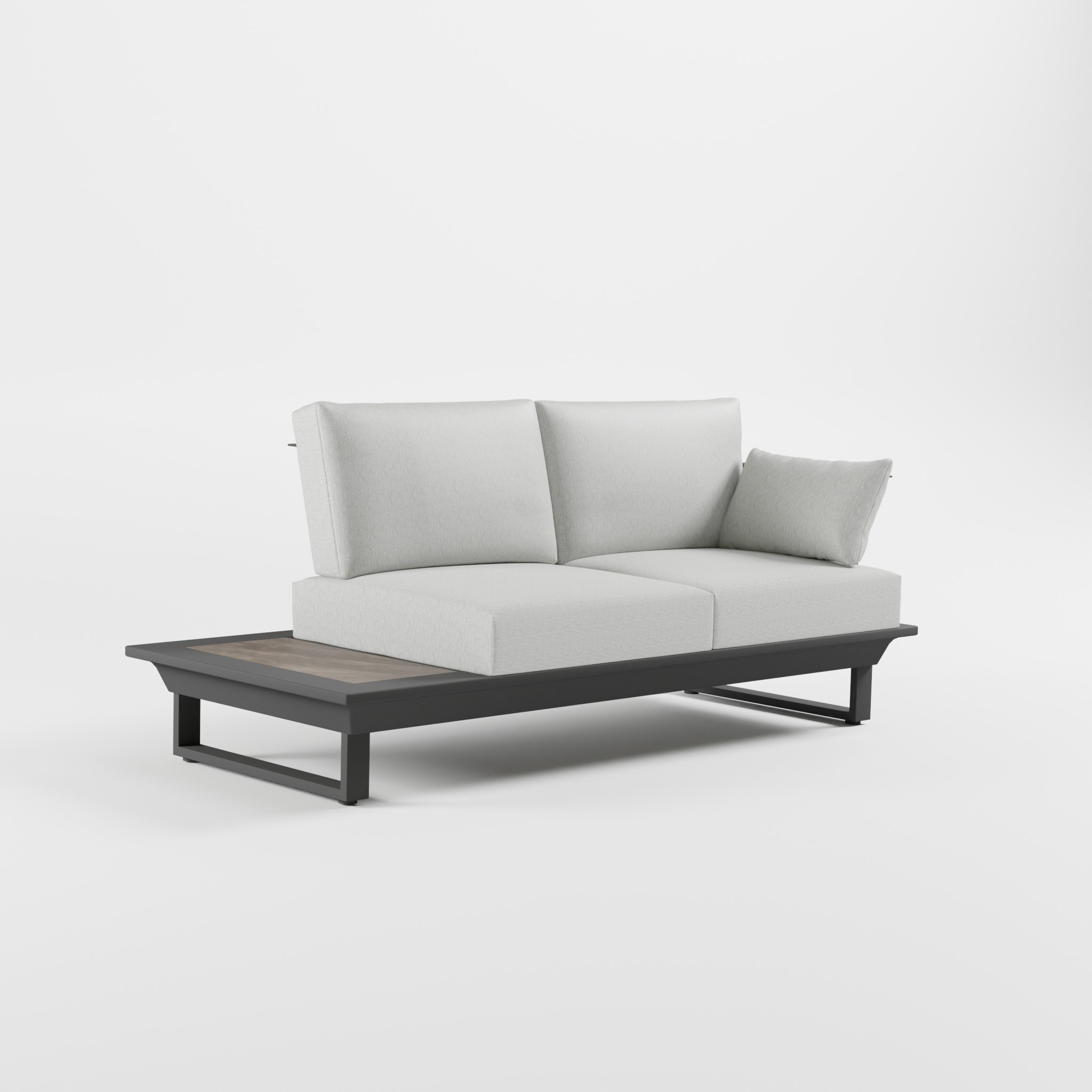 Anthrazitfarbenes Outdoor‑Gartensofa aus Aluminium mit Edelstahl‑Rückenlehne, zwei Sitzkissen, seitlicher Armlehne, Keramik‑Seitentisch und Cube‑Füßen, ICM.