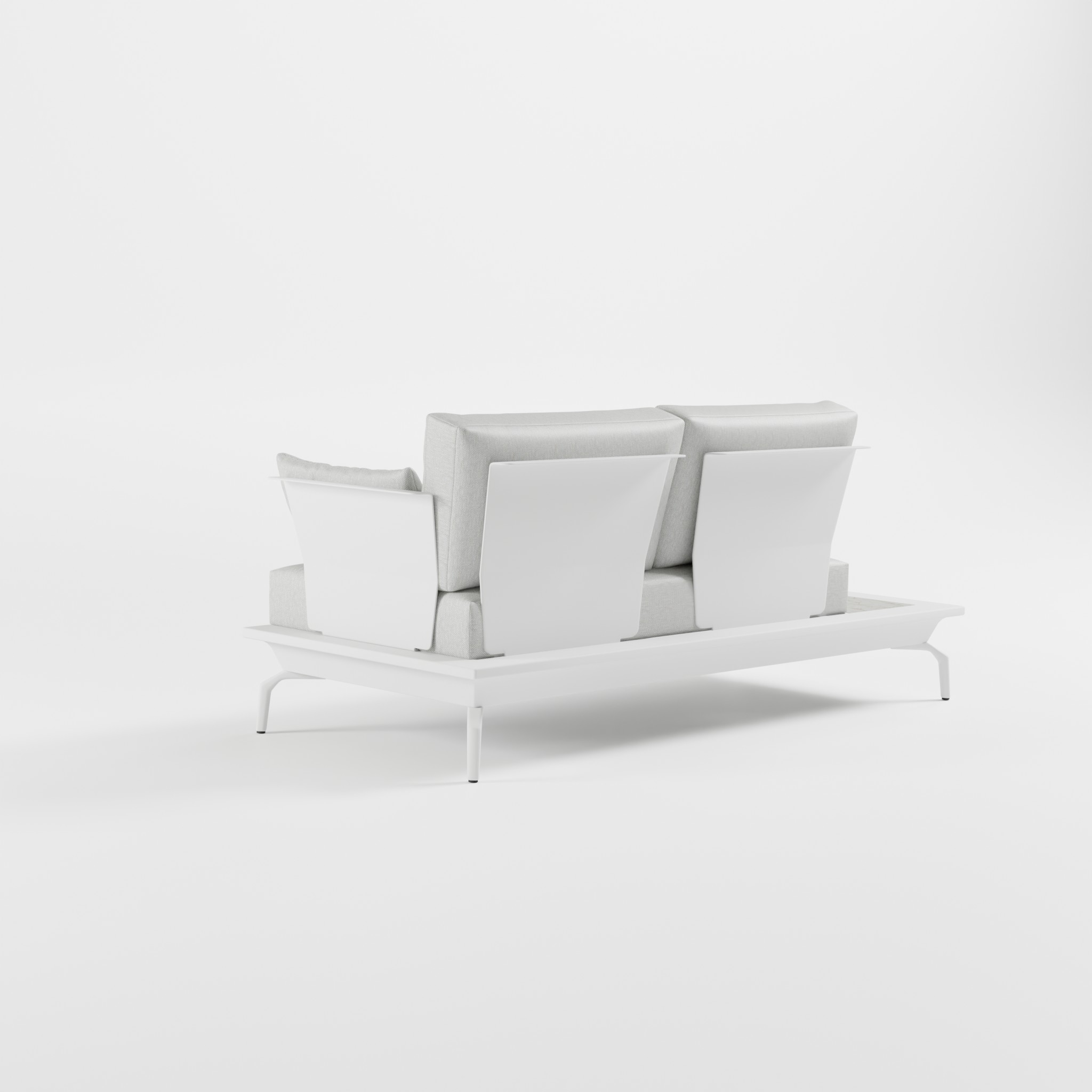 Rückansicht eines weißen Outdoor‑Lounge‑Sofas aus Aluminium mit Edelstahl‑Rückenlehne, Keramik‑Seitentisch und Delta‑Füßen für hochwertige Außenbereiche, ICM.