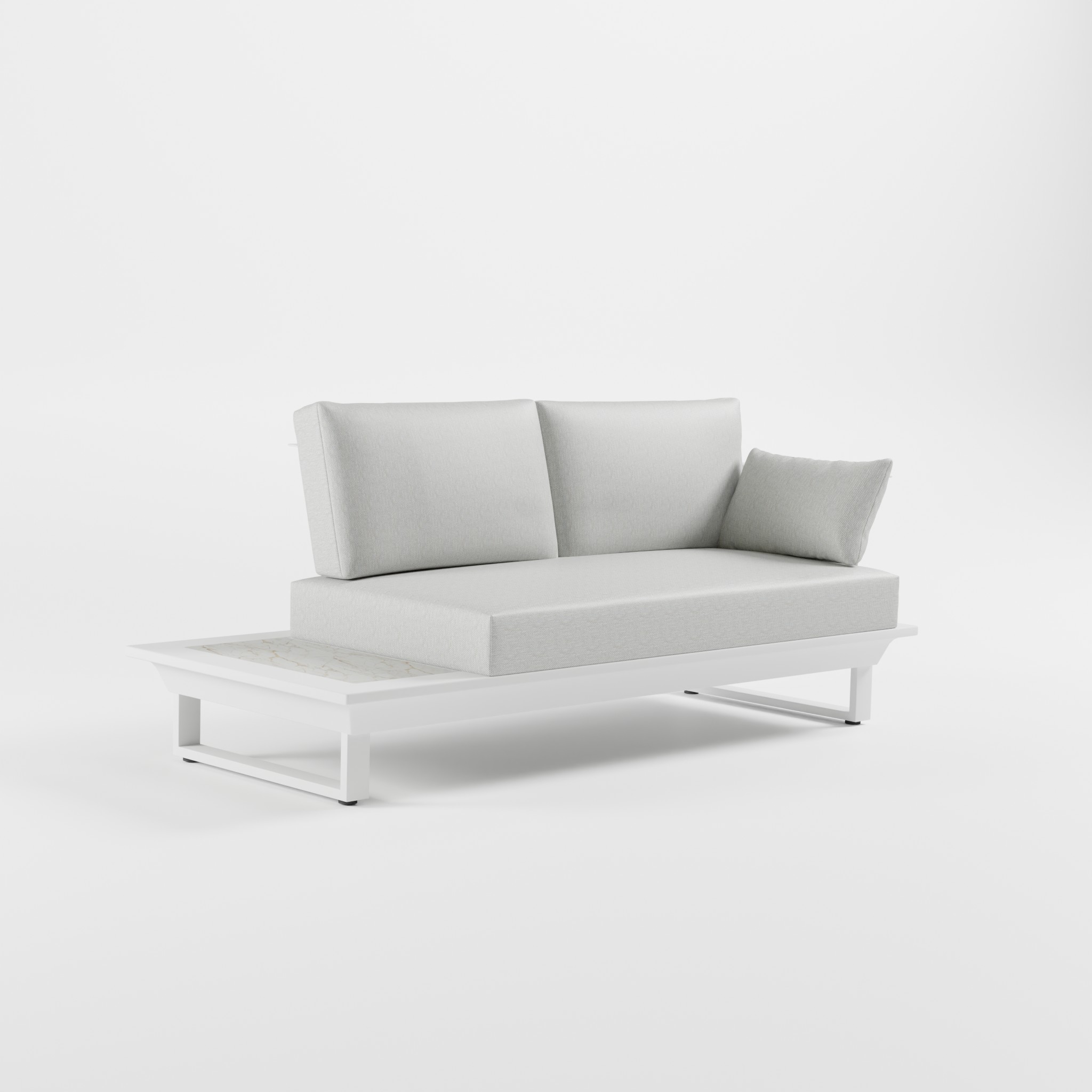 Weißes Outdoor‑Lounge‑Sofa aus Aluminium mit Edelstahl‑Rückenlehne, seitlicher Armlehne, Keramik‑Seitentisch und Cube‑Füßen für hochwertige Terrassen‑ und Gartenbereiche, ICM.