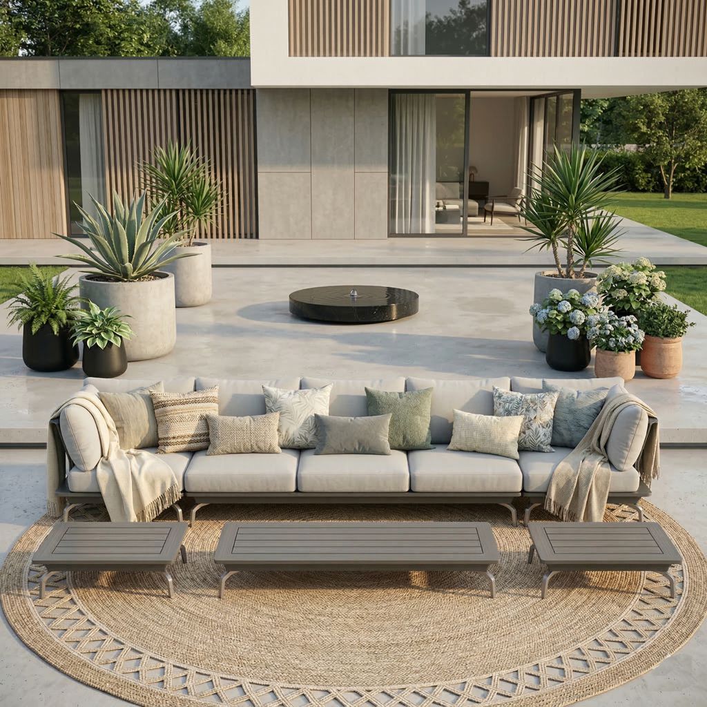 Loungekombination aus einem 3er-Zwischenmodul und zwei Eckmodulen in Anthrazit mit Aluminiumgestell, arrangiert zu einer großzügigen Sitzgruppe vor moderner Villa mit rundem Wassertisch.