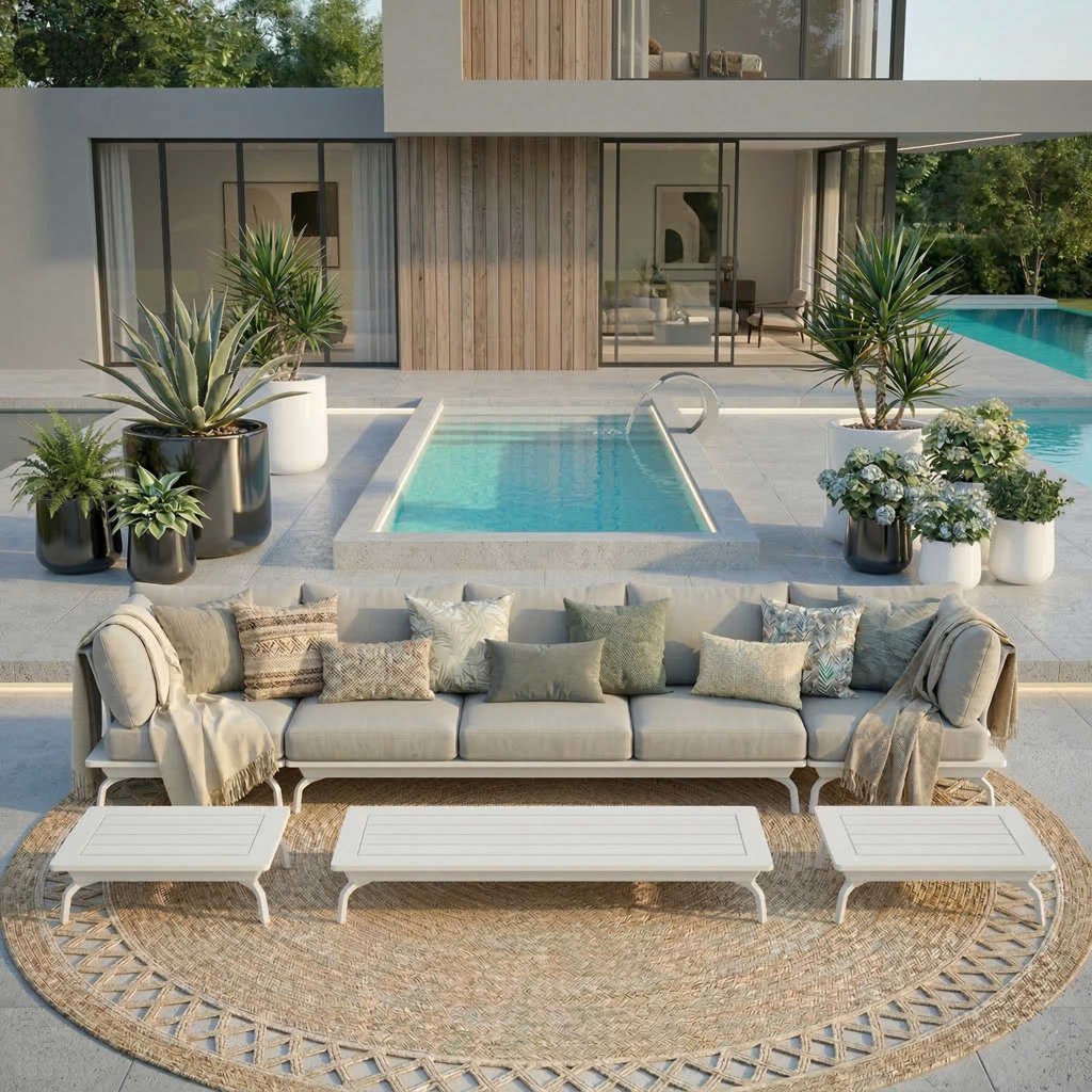 Loungekombination aus einem 3er-Zwischenmodul und zwei Eckmodulen in Weiß mit Aluminiumgestell, arrangiert zu einer großzügigen Sitzgruppe vor moderner Villa mit Wasserbecken.