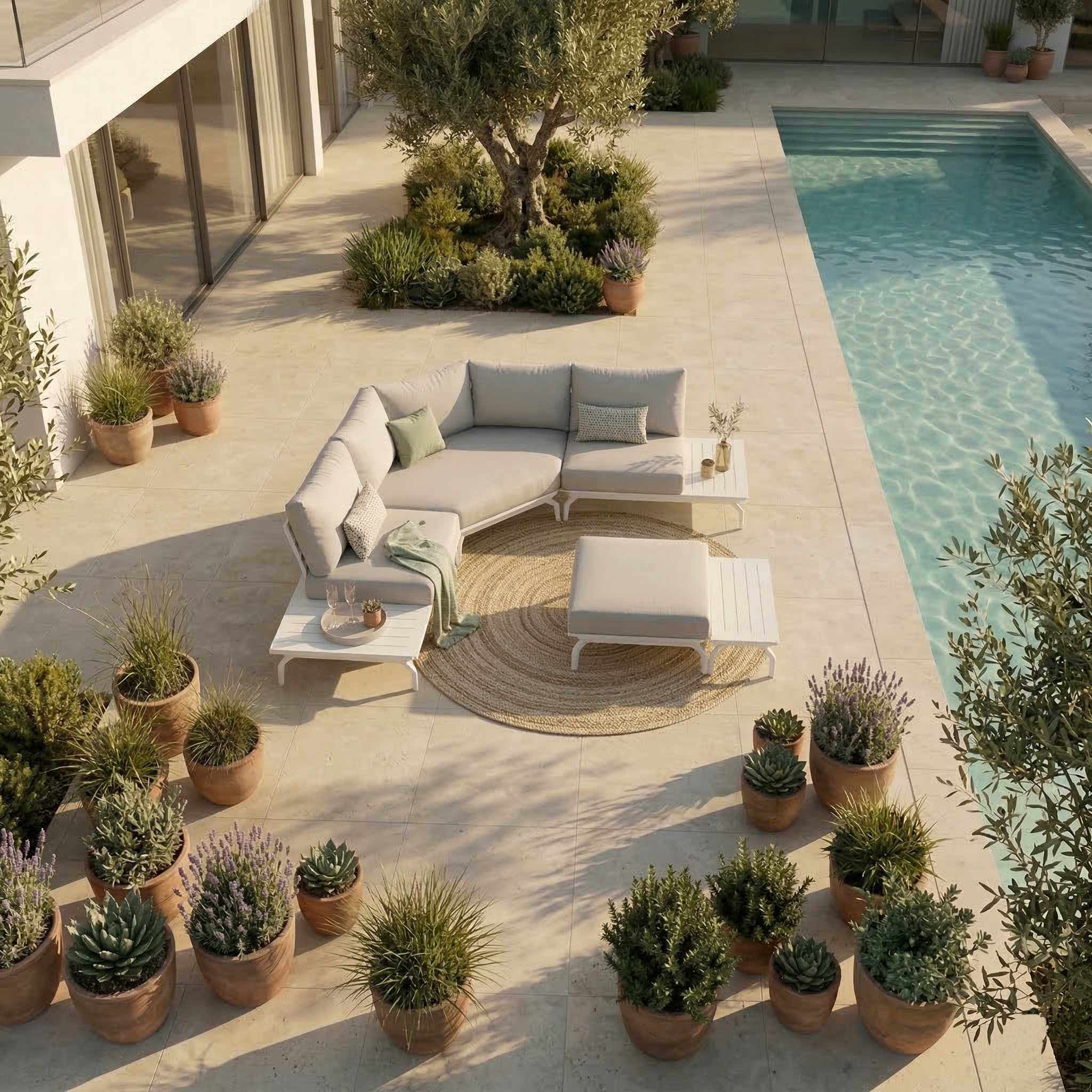 Drohnenansicht einer modularen Loungekombination aus 6-Eck Modul, zwei Eckmodulen, Hocker und Beistelltisch aus weißem Aluminium auf Terrasse, zeigt modulare Anordnung für Outdoor-Lounges