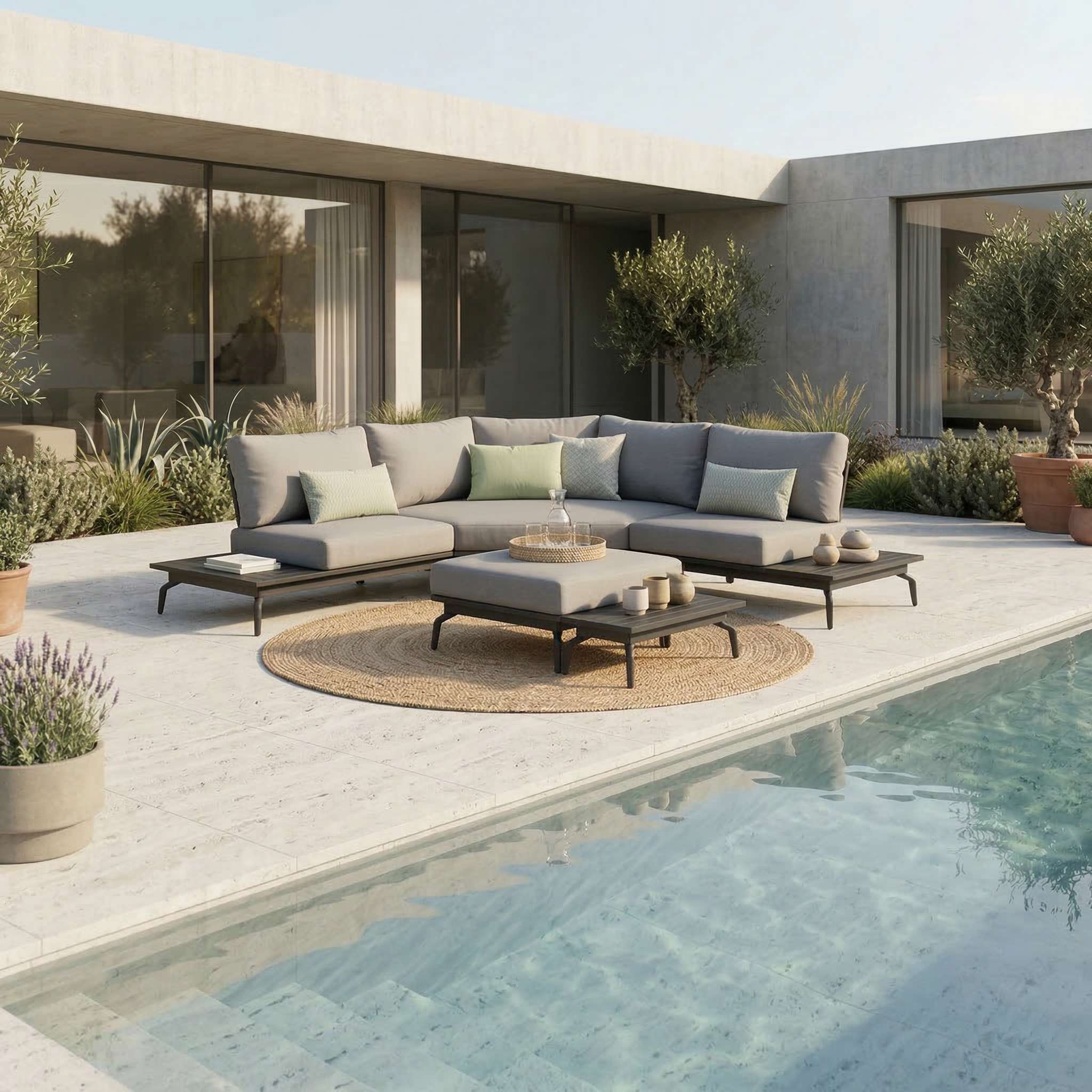 6-Eck Modul aus anthrazitfarbenem Aluminium kombiniert mit zwei Eckmodulen, Hocker und Beistelltisch auf Terrasse, zeigt modulare Anordnung für Outdoor-Lounges