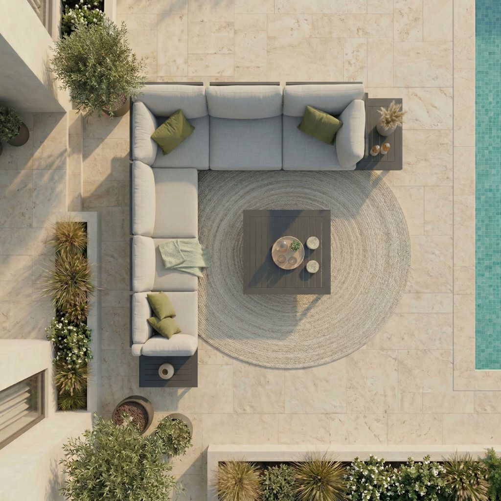 Drohnenansicht der modularen St Tropez Outdoor-Lounge Kombination aus 3-Sitzer, 2-Sitzer, Eckmodul, Loungetisch und zwei Beistelltischen, anthrazitfarbenes Aluminium, als Rundecke auf Terrasse vor Haus mit Pool