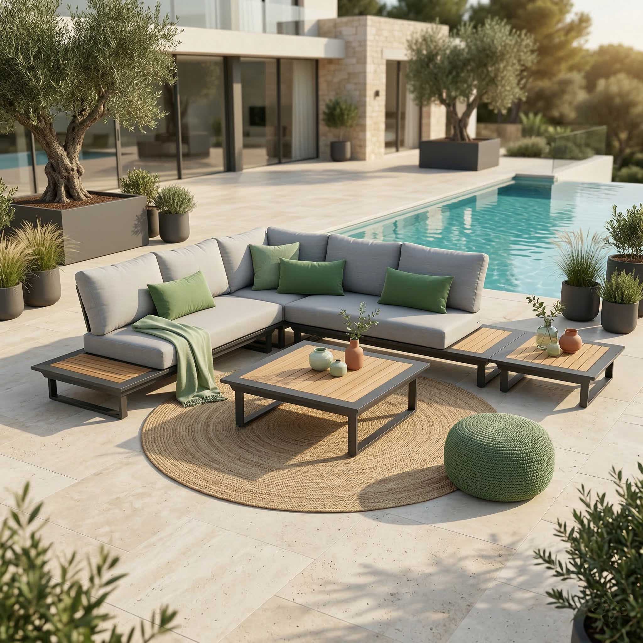 Cannes Outdoor-Lounge Set – Rundecke in Anthrazit Frontansicht der modularen Cannes Outdoor-Lounge Kombination aus zwei 2-Sitzer Modulen mit integriertem Tisch, einem Eckmodul, Kaffeetisch und Loungetisch in der Mitte, anthrazitfarbenes Aluminium mit Teak-Tischplatten, arrangiert als Rundecke auf Terrasse vor Haus mit Pool