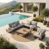 icm-cannes-anthrazit-teak-lounge-set-outdoor Frontansicht der modularen Cannes Outdoor-Lounge Kombination aus zwei 2-Sitzer Modulen mit integriertem Tisch, Kaffeetisch, Eckmodul als Sessel gegenüber und Loungetisch in der Mitte, anthrazitfarbenes Aluminium mit Teak-Tischplatten auf Terrasse vor Haus mit Pool
