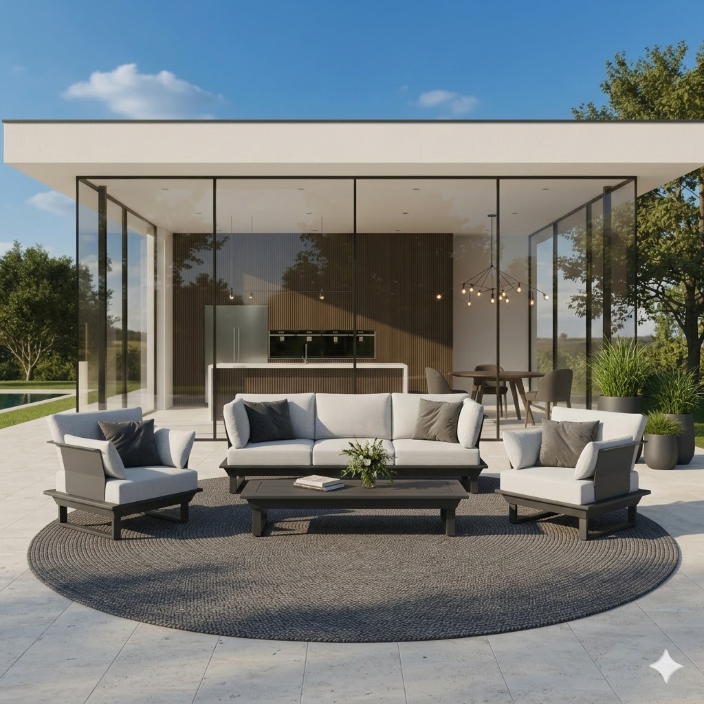 Fotorealistische Außenaufnahme einer modernen Terrasse mit dreisitzigem Sofa, zwei Sesseln und Loungetisch auf rundem dunklem Teppich. Im Hintergrund Glas-Pavillon mit Küche, Pool und drei Pflanzkübeln. Tageslicht mit leichter Bewölkung