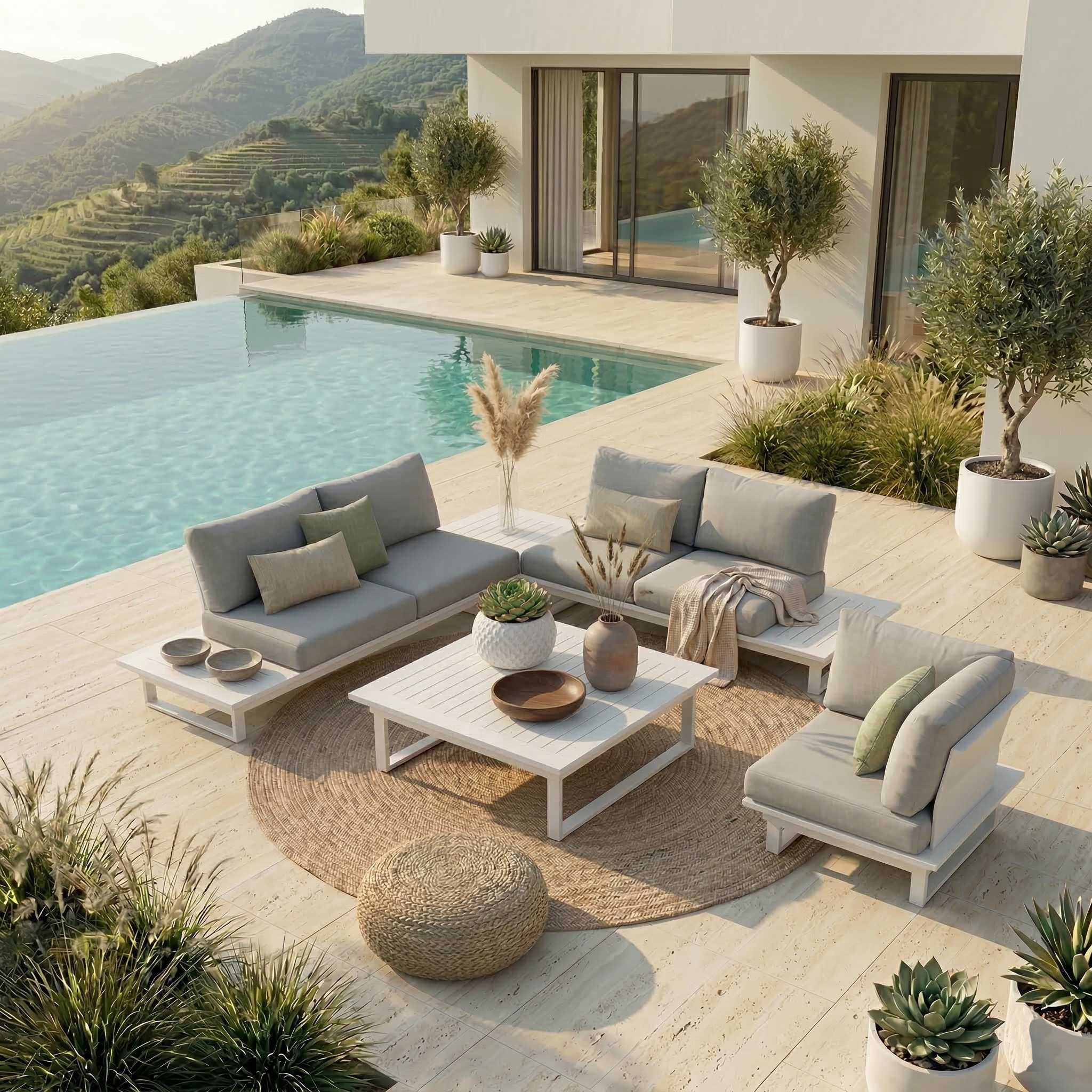 Modulare Grenoble Outdoor-Lounge Kombination aus zwei 2-Sitzer Modulen mit integriertem Tisch, zwei Beistelltischen als Kaffeeersatz, Eckmodul als Sessel gegenüber und Loungetisch in der Mitte, komplett aus weißem Aluminium auf Terrasse vor Haus mit Pool