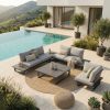 Grenoble Outdoor-Lounge Set – Offene Anordnung aus Aluminium Modulare Grenoble Outdoor-Lounge Kombination aus zwei 2-Sitzer Modulen mit integriertem Tisch, zwei Beistelltischen, Eckmodul als Sessel gegenüber und Loungetisch in der Mitte, komplett aus Aluminium auf Terrasse vor Haus mit Pool