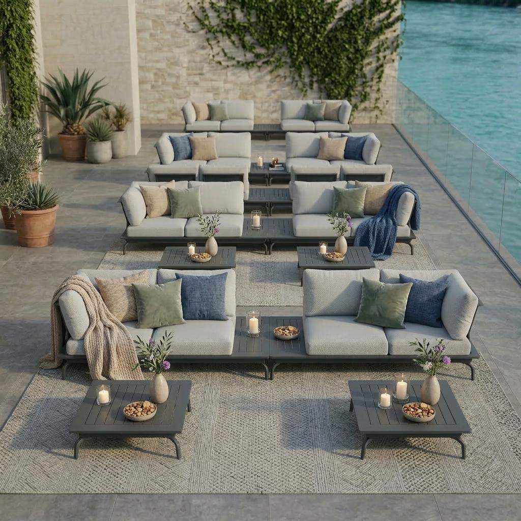Modulare Gartenlounge aus anthrazitfarbenem Aluminium mit mehreren Sitzmodulen und integrierten Tischen auf Terrasse einer Vinothek