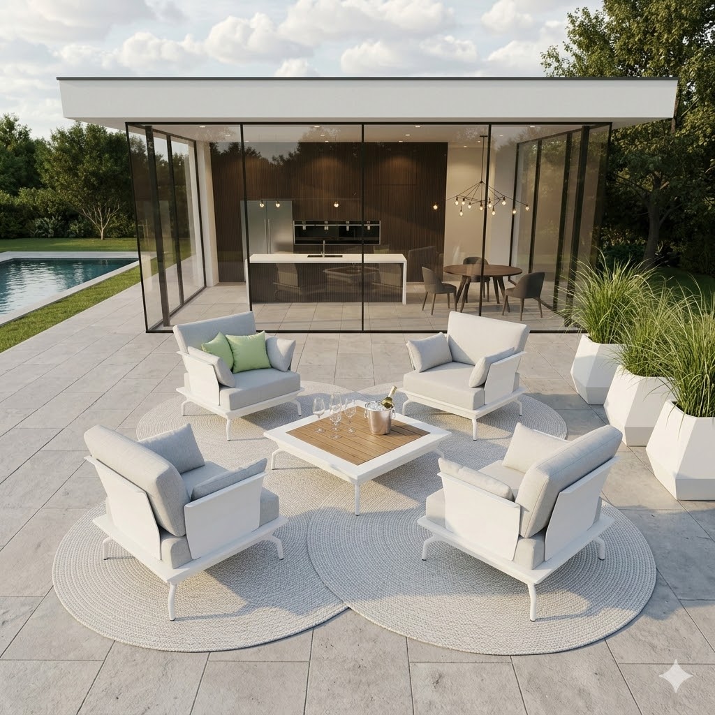 Vier weiße Design-Loungesessel aus Aluminium mit Teak-Loungetisch auf einer Luxus-Terrasse in Vogel-Perspektive