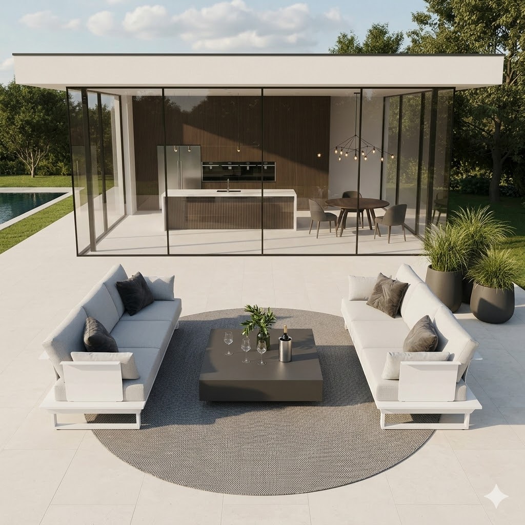 icm-monaco-outdoor-sofa-3-sitzer-weiß-aluminium Exklusive moderne Design-Terrasse mit Villa im Hintergrund, zwei Design-Loungesofas in Symmetrie, quadratischem Loungetisch und anthrazitfarbenen Design-Pflanzkübeln mit Gräsern