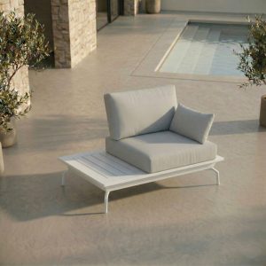 ICM 1-Sitzer Outdoor Solitärsessel mit integriertem Tisch „Monaco Serie“ in Weiß aus Aluminium, kompaktes Loungeelement für Garten, Terrasse und Außenbereich mit wählbarer Tischplatte