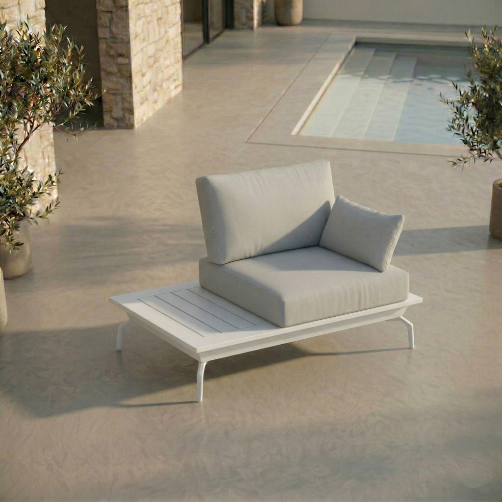 ICM 1-Sitzer Solitärsessel mit Tisch „Monaco Serie“ – Aluminium Weiß ICM 1-Sitzer Outdoor Solitärsessel mit integriertem Tisch „Monaco Serie“ in Weiß aus Aluminium, kompaktes Loungeelement für Garten, Terrasse und Außenbereich mit wählbarer Tischplatte