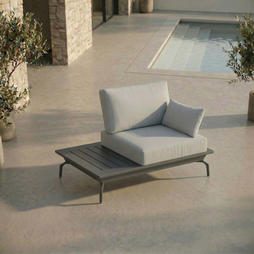 ICM 1-Sitzer Solitärsessel mit Tisch „Monaco Serie“ – Aluminium Anthrazit ICM 1-Sitzer Outdoor Solitärsessel mit integriertem Tisch „Monaco Serie“ in Anthrazit aus Aluminium, Loungeelement für Garten, Terrasse und Außenbereich mit wählbarer Tischplatte