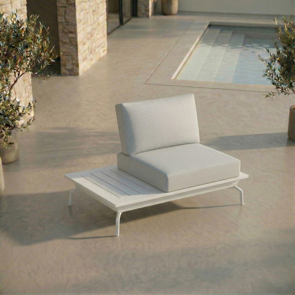 ICM 1-Sitzer Outdoor Abschlusselement mit integriertem Tisch „Monaco Serie“ in Weiß aus Aluminium, seitliches Erweiterungsmodul für Gartenlounge mit wählbarer Tischplatte