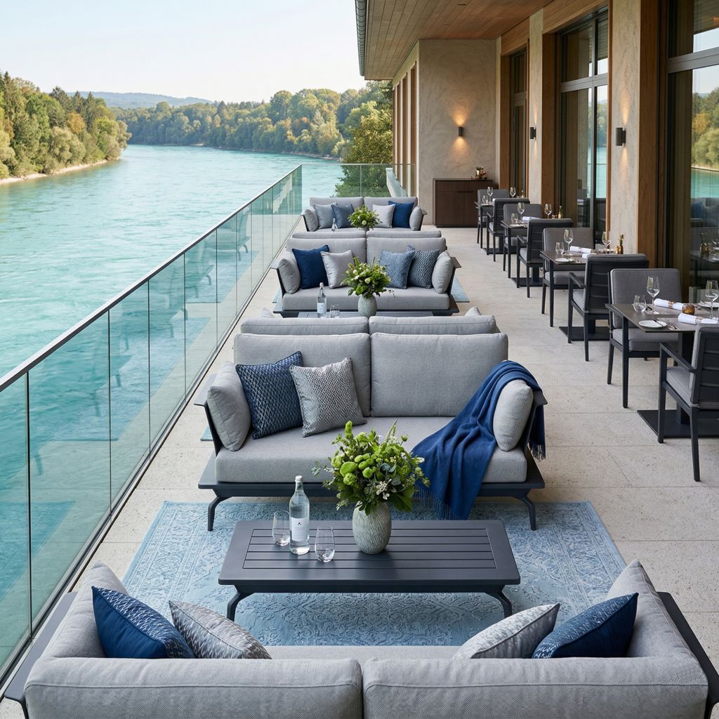 Mehrere 2-Sitzer der Monaco Serie auf einer Restaurantterrasse, angeordnet als Sitzgruppen im Außenbereich.