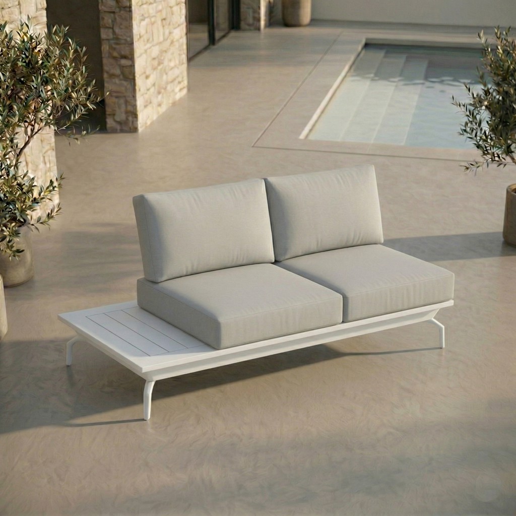 ICM 2-Sitzer Modul mit integriertem Tisch „Monaco Serie“ in Weiß aus Aluminium, erweiterbares Loungeelement mit wählbaren Tischplatten in Teak, Keramik oder Aluminium