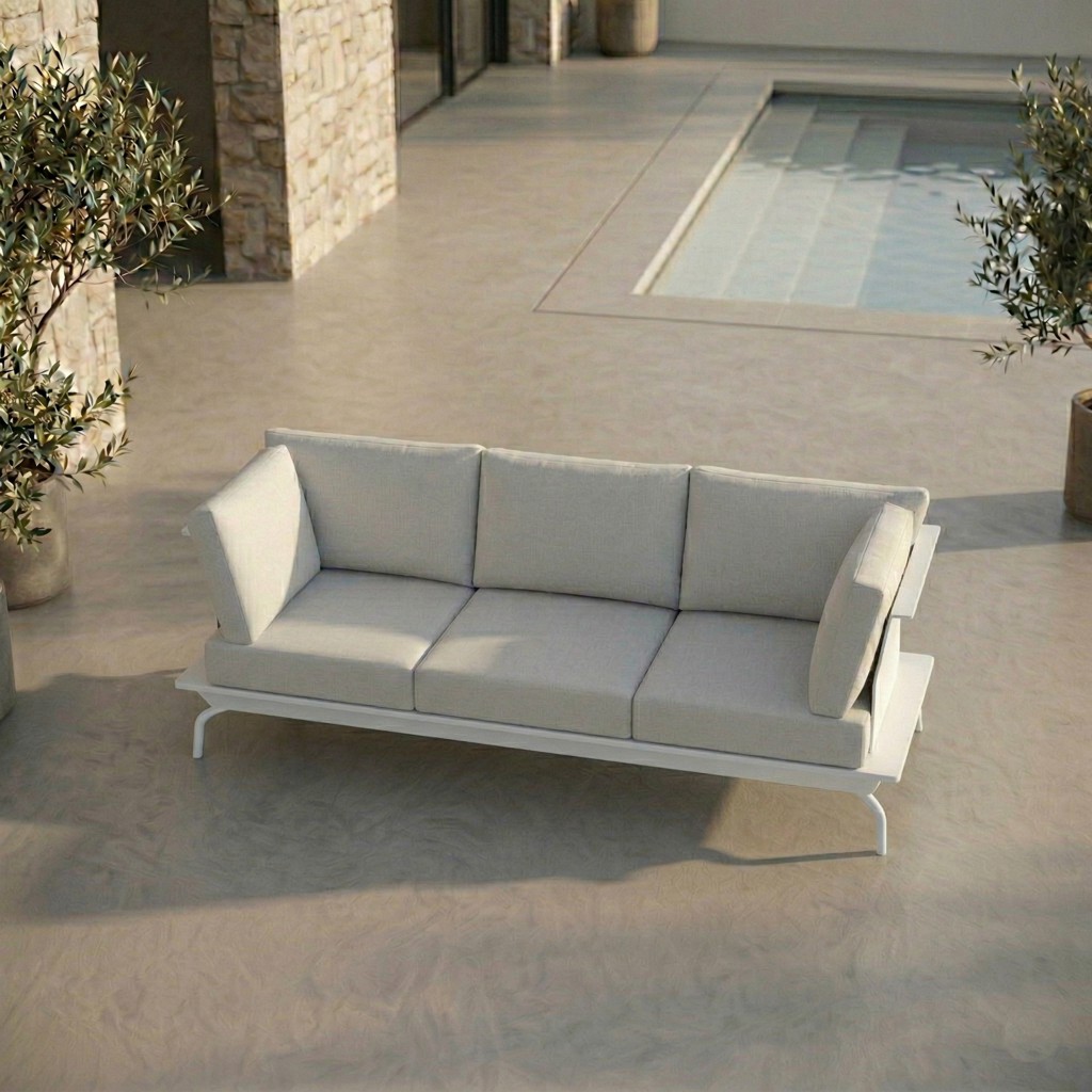 ICM 3-Sitzer Outdoorsofa „Monaco Serie“ in Weiß mit Aluminiumrahmen und hohen Armlehnen, komfortable Gartenlounge für entspanntes Lümmeln auf Terrasse oder Balkon