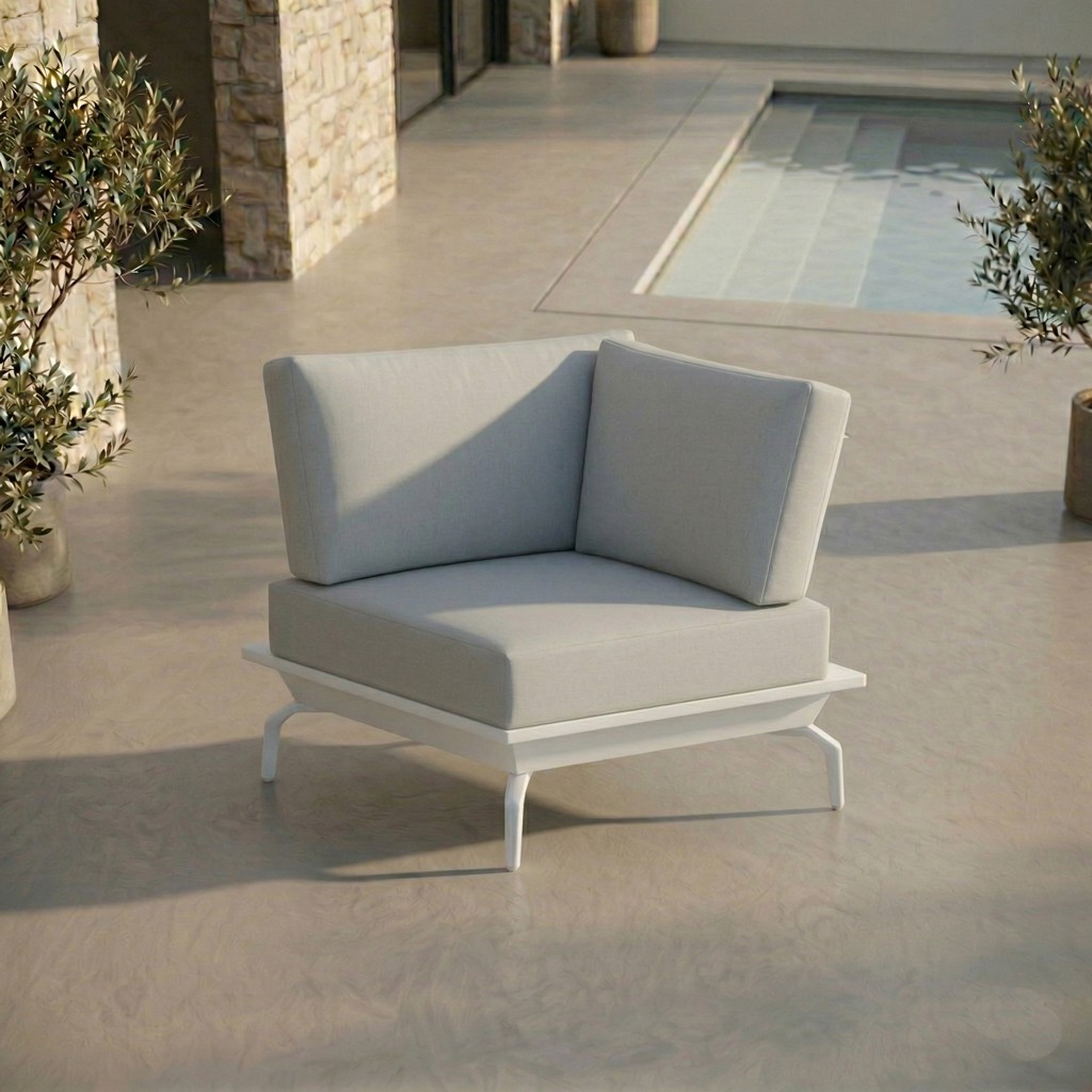 Outdoor Eckmodul 1‑Sitzer Aluminium „Monaco Serie“ in Weiß aus Aluminium, einzeln als Loungesessel nutzbar oder kombinierbar für modulare Outdoor-Sofas und Ecklösungen