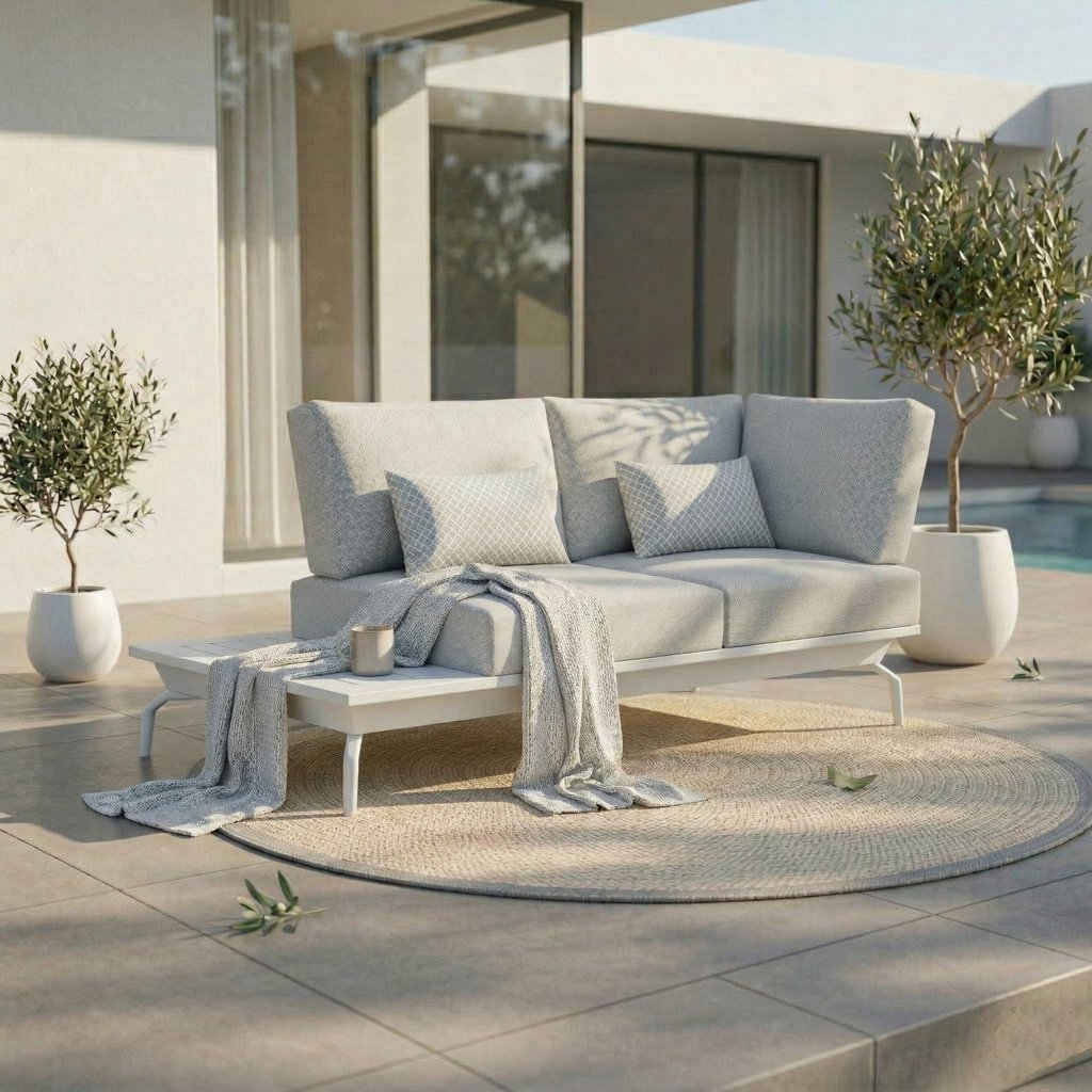 ICM Outdoor Lounge Kombination „Monaco Serie“ in Weiß aus Aluminium mit Eckmodul und 1-Sitzer Modul mit integriertem Tisch, flexible Zusammenstellung für Terrasse und Garten