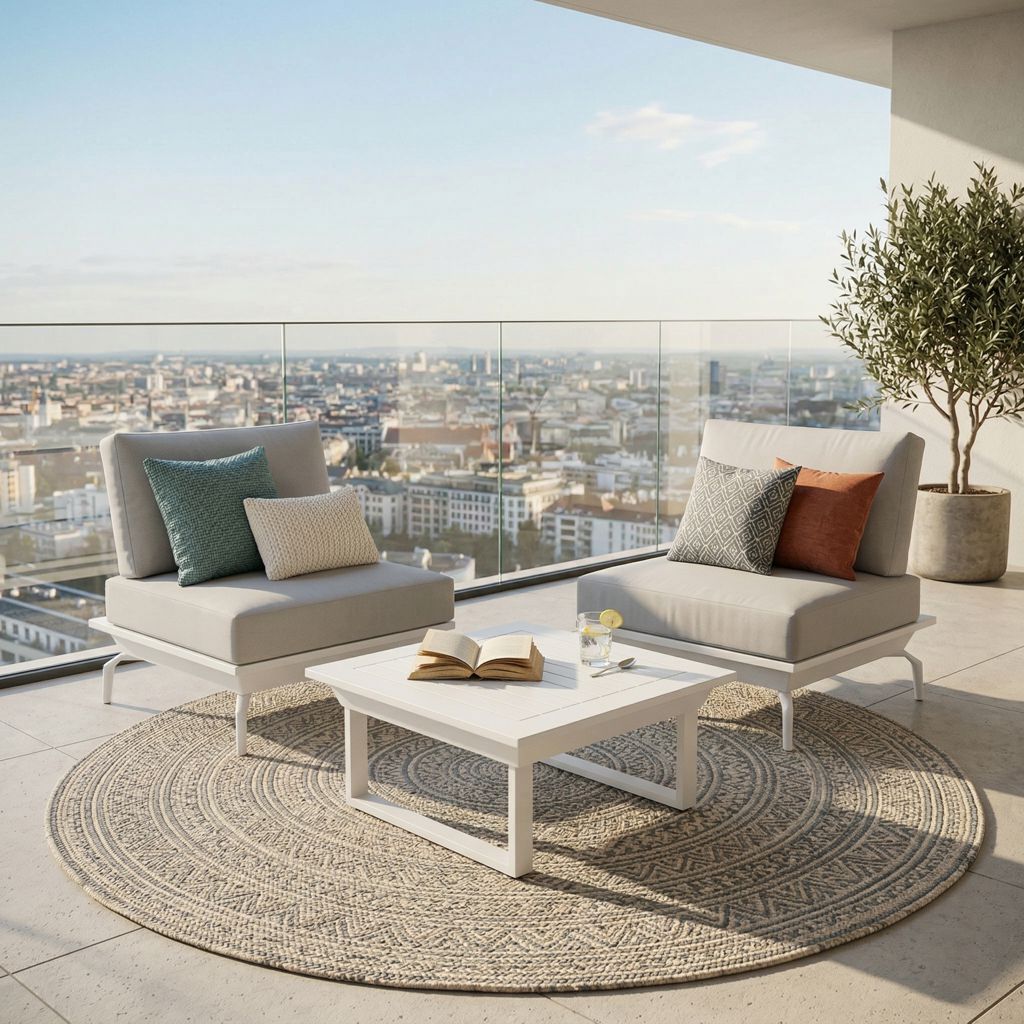 ICM Loungechairs „Monaco Serie“ in Weiß aus Aluminium mit Tisch auf einem Balkon platziert, moderne Outdoor-Lounge als Inspiration für Neubau-Balkon mit Ausblick