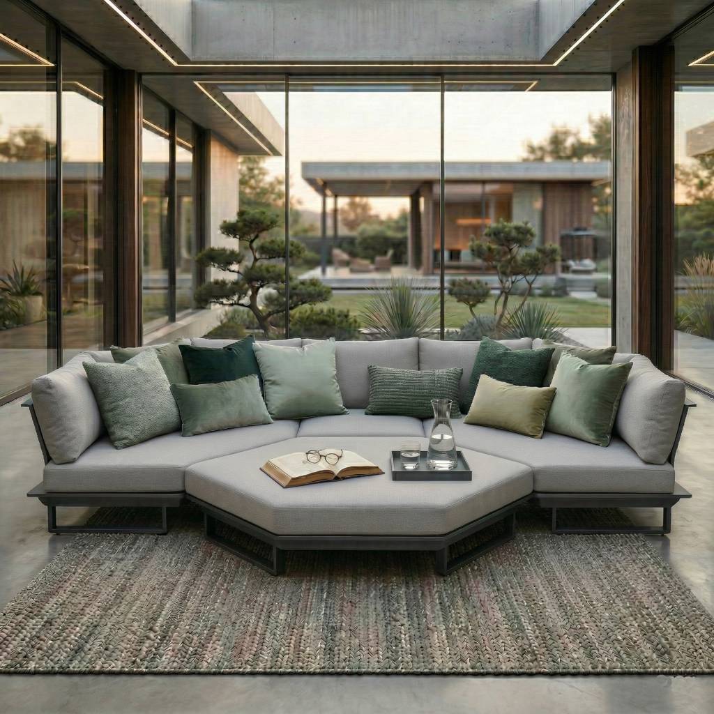 ICM Monaco Outdoor Lounge Set in Anthrazit Aluminium mit zwei 6-Eck Modulen, Zwischenelement und sechseckigem Hocker – exklusive Chillout Lounge für private Terrassen und Gärten