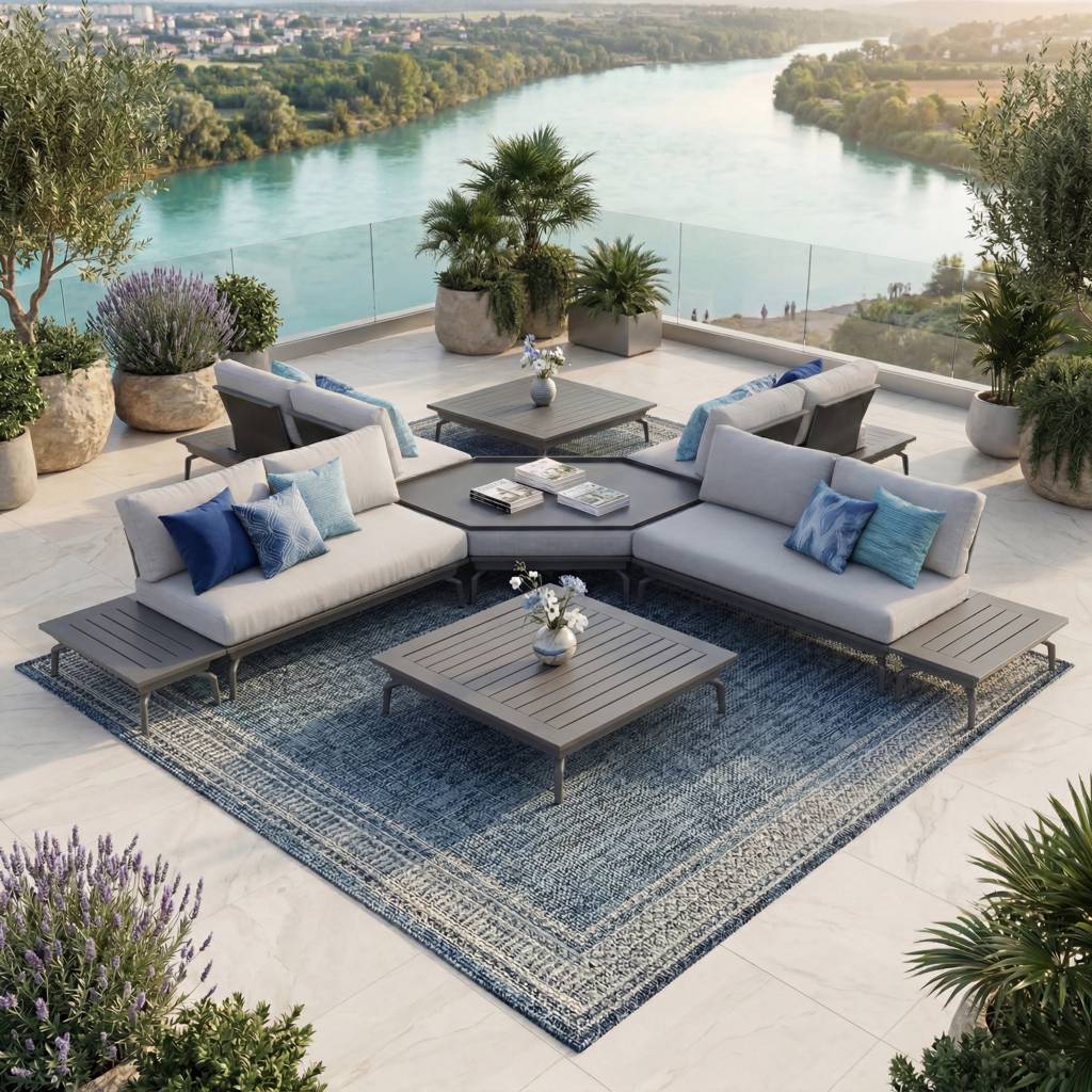 Modulares Outdoor Lounge Set aus Aluminium in Anthrazit mit sechseckigem Hocker, 2-Sitzer Modulen und Loungetischen für Hotel und private Terrasse