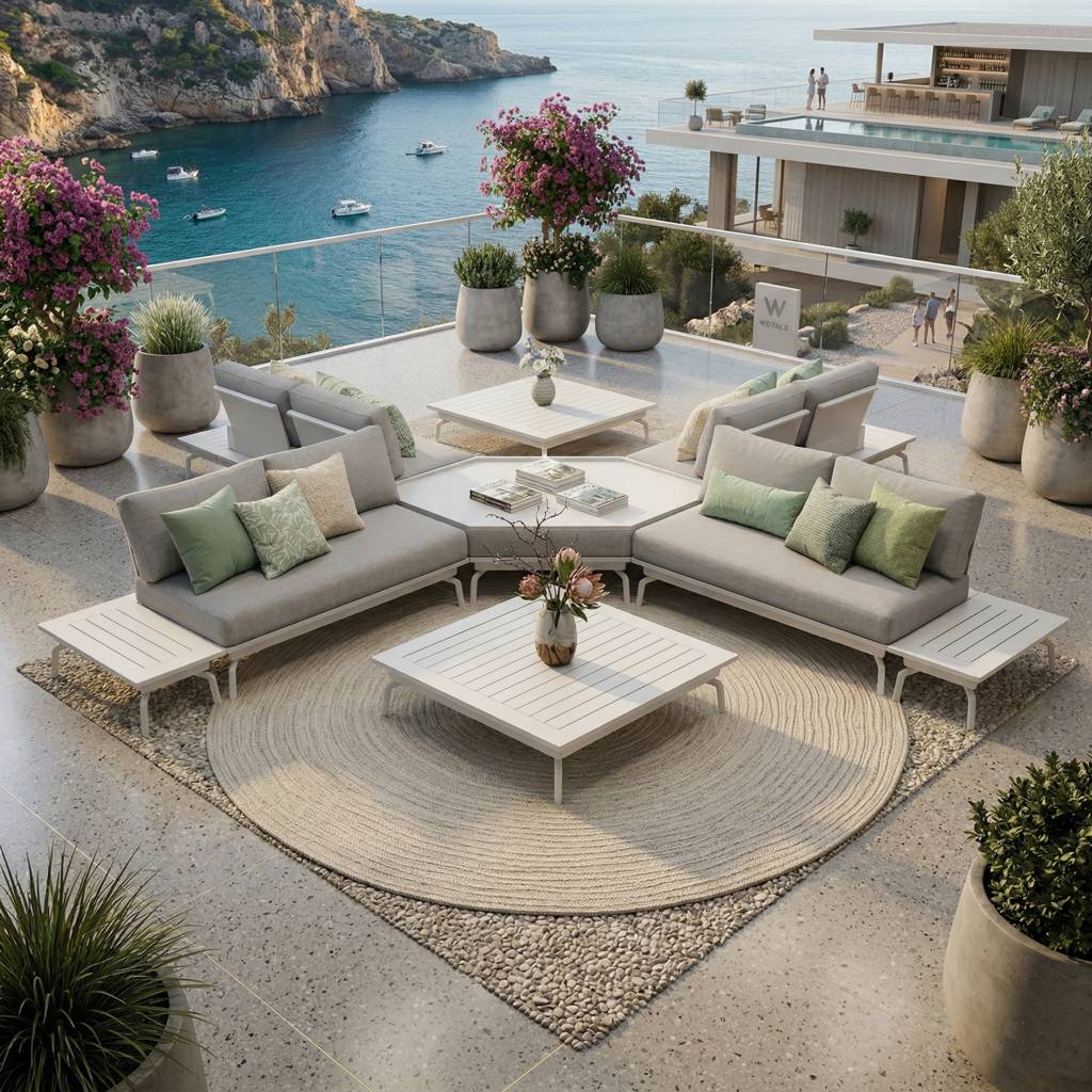 Weißes modulares Outdoor Lounge Set aus Aluminium mit sechseckigem Hocker, 2-Sitzer Modulen und Loungetischen als Inspirationsbild für Hotel- und private Terrassen