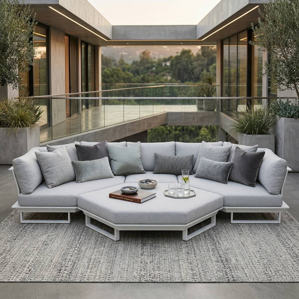 ICM Monaco Outdoor Lounge Set in Weißem Aluminium mit zwei 6-Eck Modulen, Zwischenelement und sechseckigem Hocker – exklusive Chillout Lounge für private Terrassen und Gärten