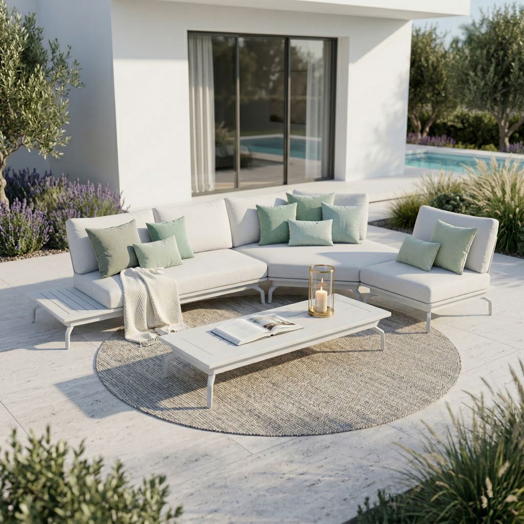 ICM Aluminium Outdoor Lounge Set in Weiß mit sechseckigem Erweiterungsmodul für Garten und Terrasse