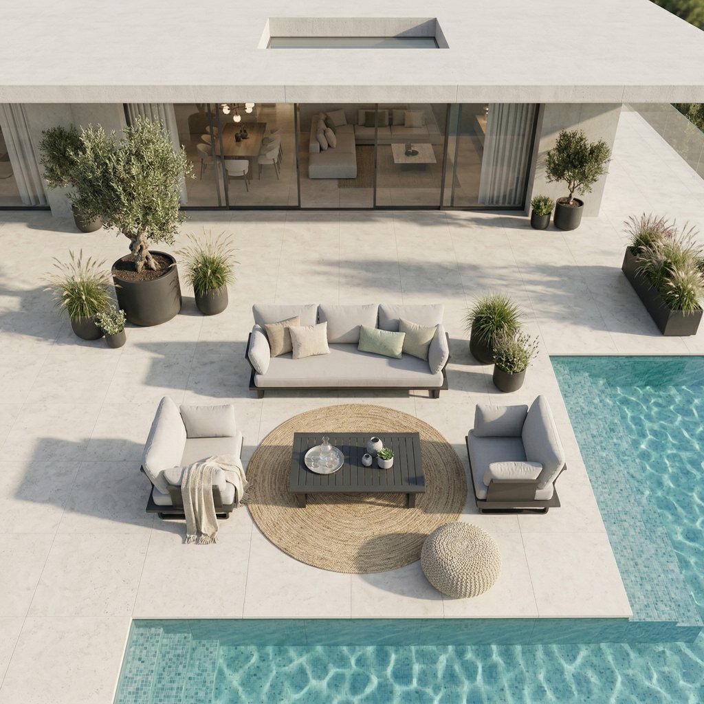 Drohnenansicht des Monaco Gartenlounge Sets aus 3-Sitzer und zwei Sesseln mit Loungetisch in der Mitte, anthrazitfarbenes Aluminium, offene Anordnung auf Terrasse vor Haus mit Pool