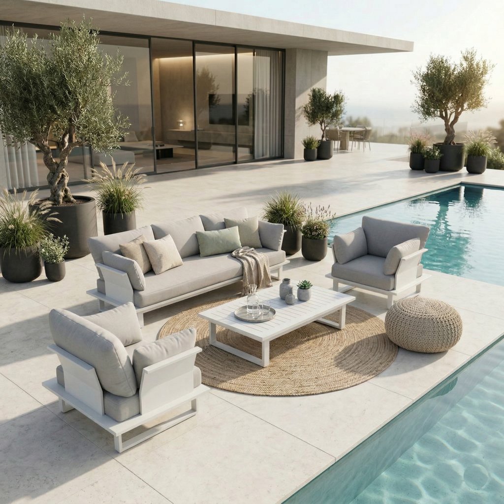 Monaco Gartenlounge Set aus 3-Sitzer und zwei Sesseln mit Loungetisch in der Mitte, weißes Aluminium, als offene Loungegruppe auf Terrasse vor Haus mit Pool