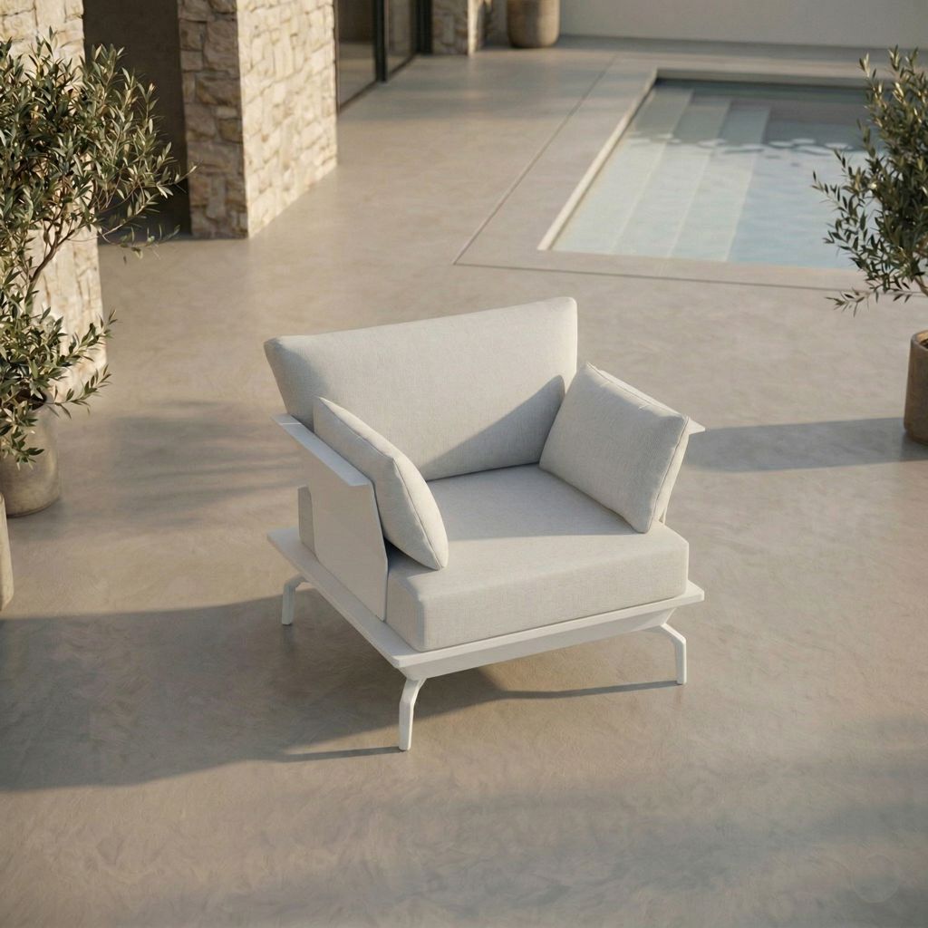 Monaco Outdoor-Sessel von ICM Gartenlounge – Weißes Aluminium mit grauen Polstern für moderne Terrassen ICM Gartenlounge Monaco Outdoor-Sessel aus weißem Aluminium mit grauen Polstern auf moderner Terrasse im zeitgemäßen Outdoor-Wohnbereich