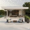 ICM Outdoor-Sessel Anthrazit | Aluminiumgestell | Premium Garten Zwei exklusive Anthrazit-Aluminium-Sessel mit hellgrünen Kissen auf einer modernen Luxus-Terrasse vor Glasfront