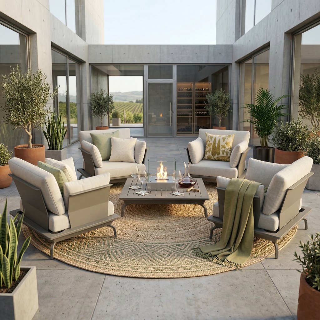 Vier hochwertige Sessel in Anthrazit mit Aluminiumgestell um einen Loungetisch, arrangiert in einem modernen Atrium.