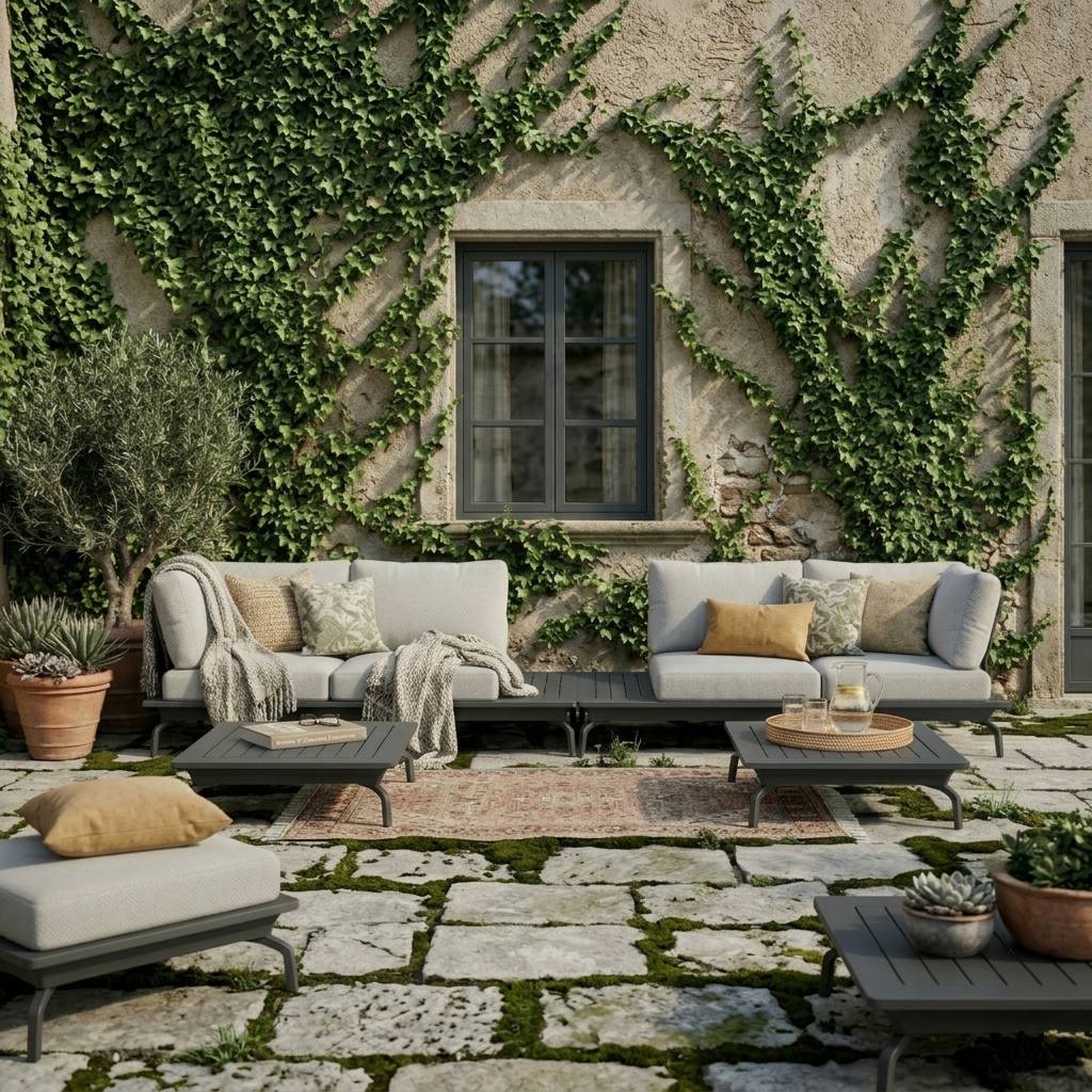 Modulare Gartenlounge Kombination aus zwei 2-Sitzer Modulen aus anthrazitfarbenem Aluminium mit integriertem Tisch und Beistelltisch vor Landhauswand