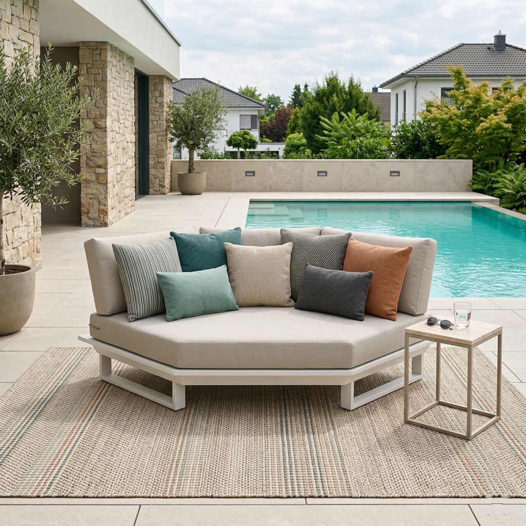 ICM Gartenlounge „Monaco Serie“ in Weiß aus Aluminium am Pool platziert, stilvolle Outdoor-Szene als Inspiration für moderne Terrassen- und Gartenbereiche